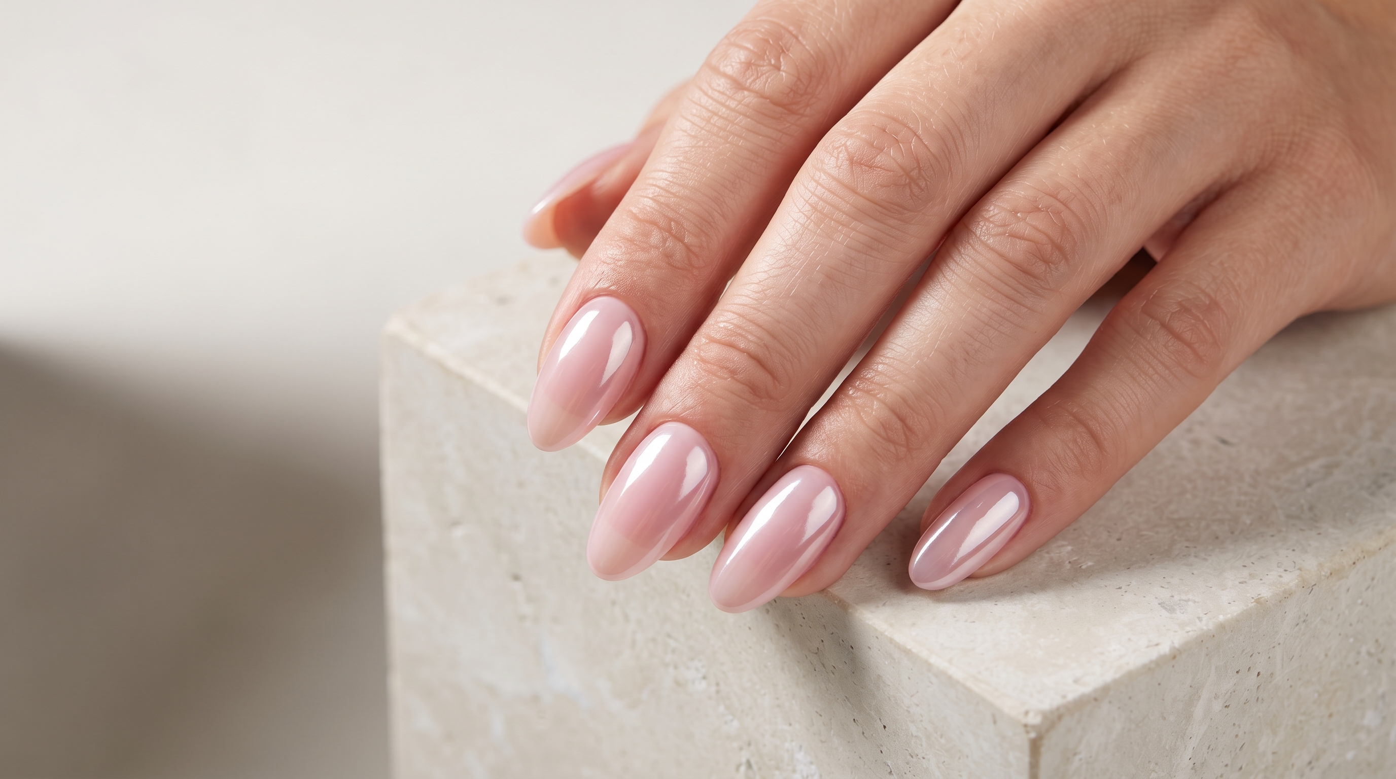 Medium almond nails in a milky pink base with a glazed chrome finish, resting on a pale limestone block