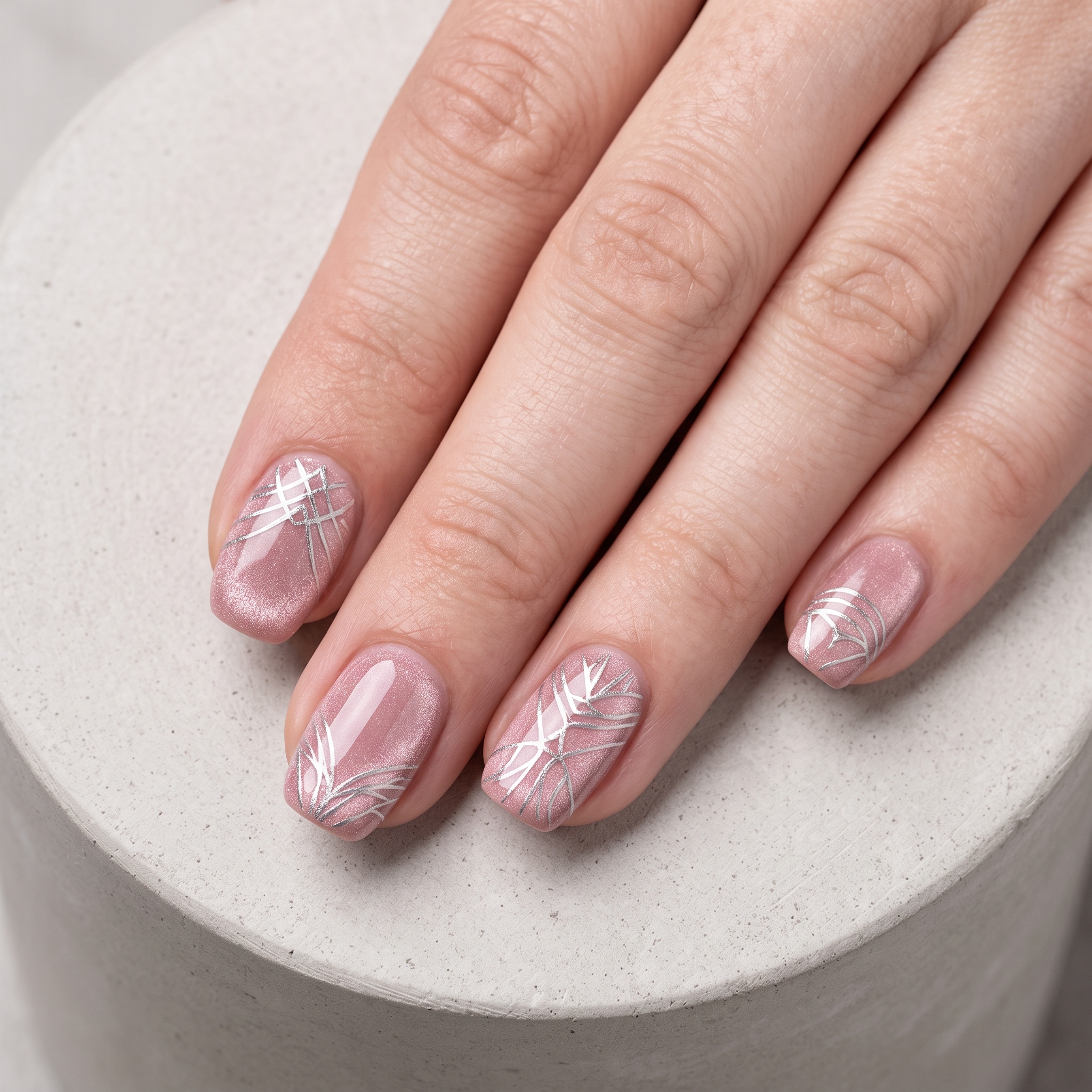 Short square nails in dusty rose velvet cat-eye polish with fine silver line art